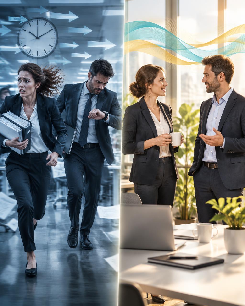 Vorher und nachher: von Zeitdruck und Hetze im Arbeitsalltag zu entspannter, souveräner Zusammenarbeit